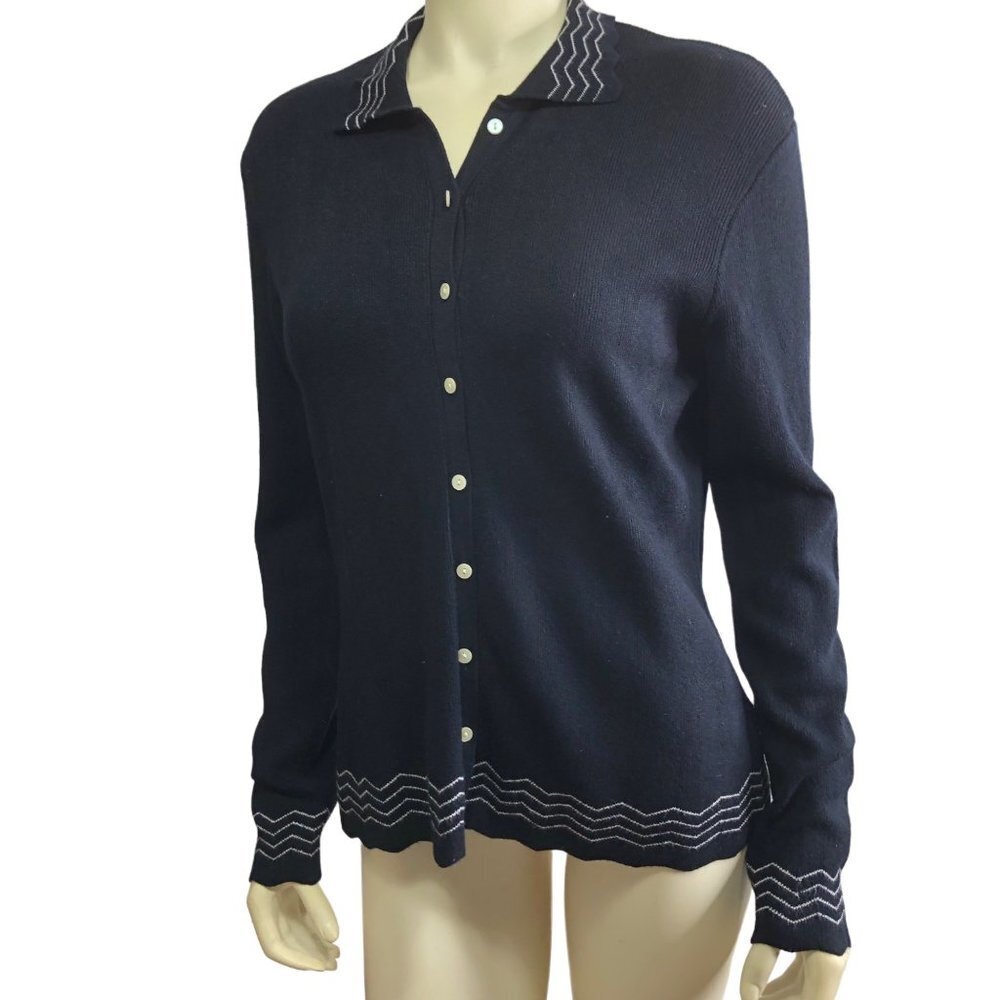 ANNE KLEIN BLACK & white Sweater Button Front Polo Collar ‎ SIZE SM
